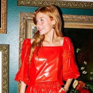 Queen Of Sparkles Red Faux Leather Flower Poof Sleeve Top NWT